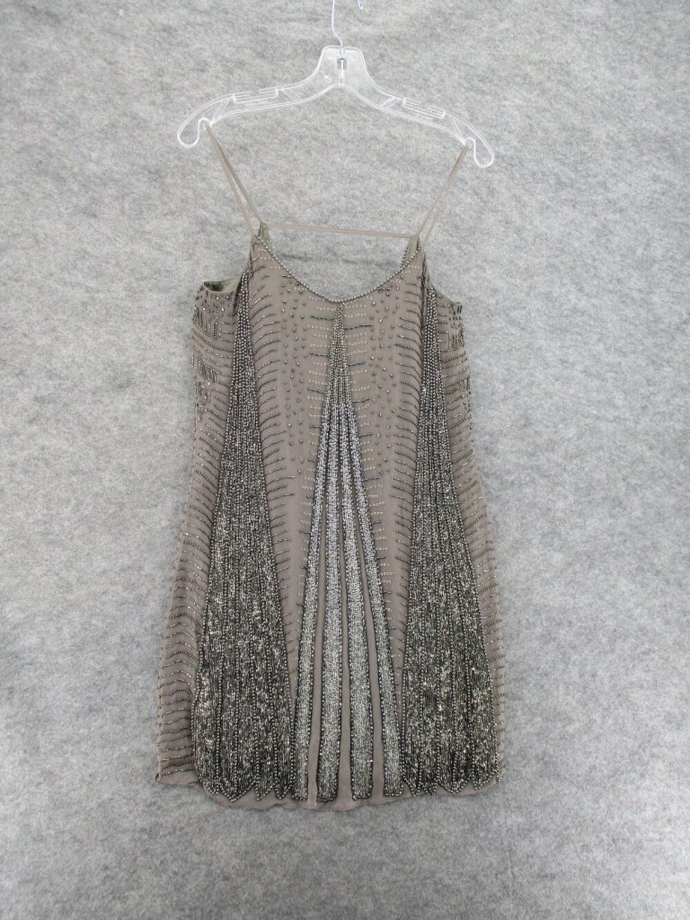 Parker Beaded Mini Dress Women's small Silk slip on Gray Metal Beads